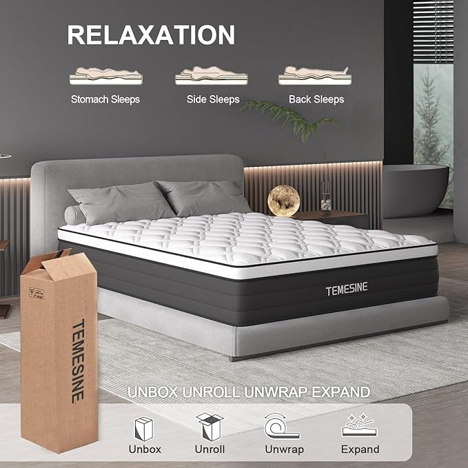 Twin Mattress, 14 Inch Hybrid Mattress in a Box with Individual Pocket Spring, Gel Memory Foam and Euro Top, Medium Firm Feel with Motion Isolation, Pressure Relief, Edge Support, Twin Size Black