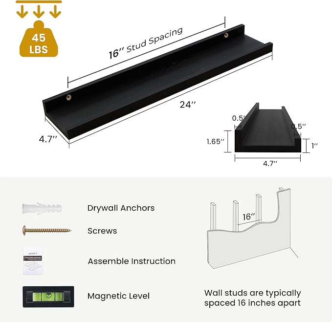 Solid Ash Wood Picture Ledge Shelf, 24 Inch Floating Shelves with Lip Set of 2, Picture Ledge Shelf, Photo Ledge Shelves Nursery Bookshelf Wall Mounted for Living Room Bedroom Decor, Black