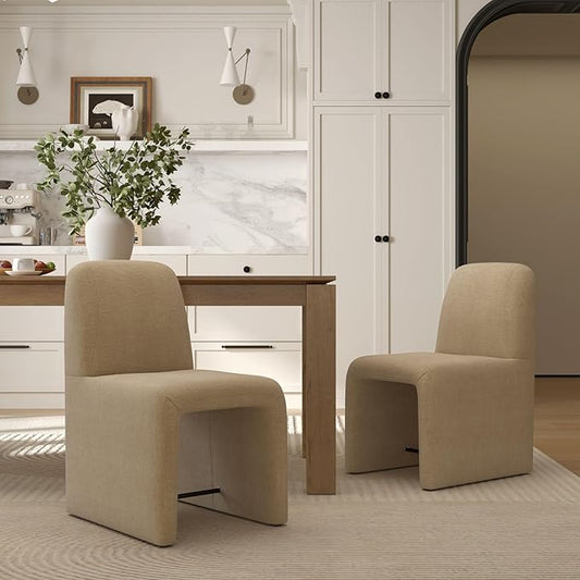 Khaki Upholstered Chenille Dining Chairs Set of 2, Mid Century Modern Dining Room Chairs with Deep Seat & Curved Back, Armless Side Chair Comfy Kitchen Chairs for Living Room/Kitchen