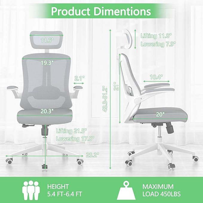 Office Chair,Ergonomic Comfy Home Desk Chair with 350LBS Capacity,High Back Gaming Chair with Wheels,Mesh Computer Chair,Lumbar Support, Adjustable Headrest,Flip-up Armrest (A-gray + White-1)