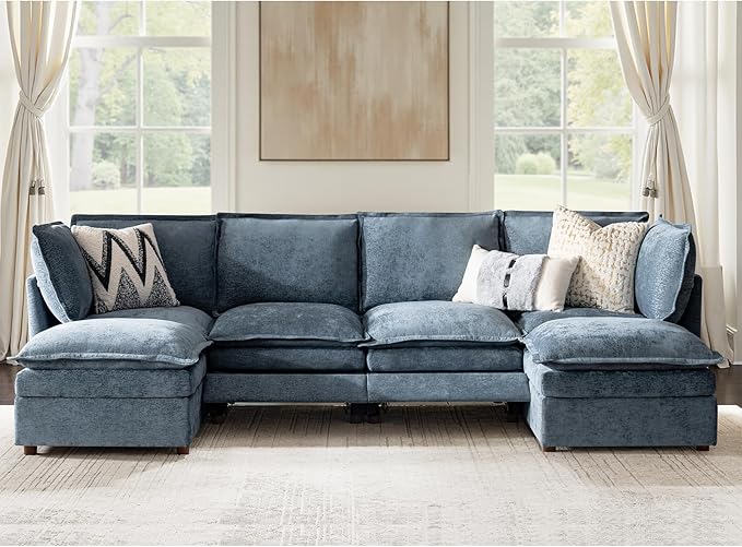 HULALA HOME 128'' Power Recliner Sofa with Dual-Layered Cushions, Oversized Modular Sectional Sofa U Shaped Couch with Storage Ottoman, 6 Seater Cloud Couch for Living Room, Blue