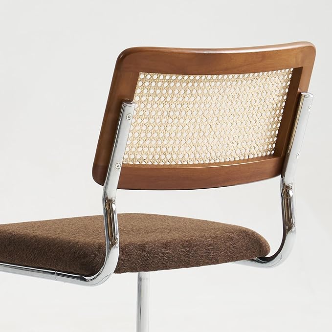 Brown Rattan Dining Chairs Set of 2, Wooden Mid-Century Modern Kitchen Chairs, Mesh Back Cane Dining Room Chairs, Cesca Chair with Metal Chrome Legs