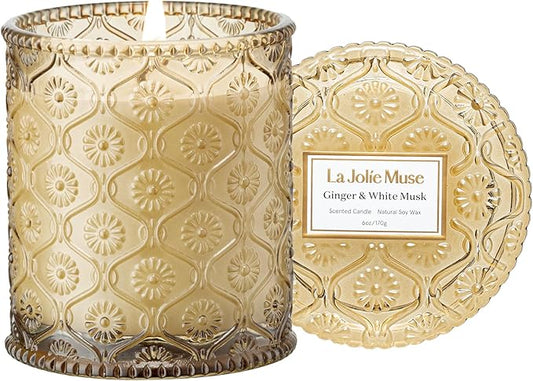 LA JOLIE MUSE Ginger & White Musk Candles | Ginger, Lemongrass & Musk | 6 oz Soy Candle | Natural Soy Wax | 40 Hours Clean Burn | Gift-Ready for Hosts & Gathering | Seasonal Home Décor