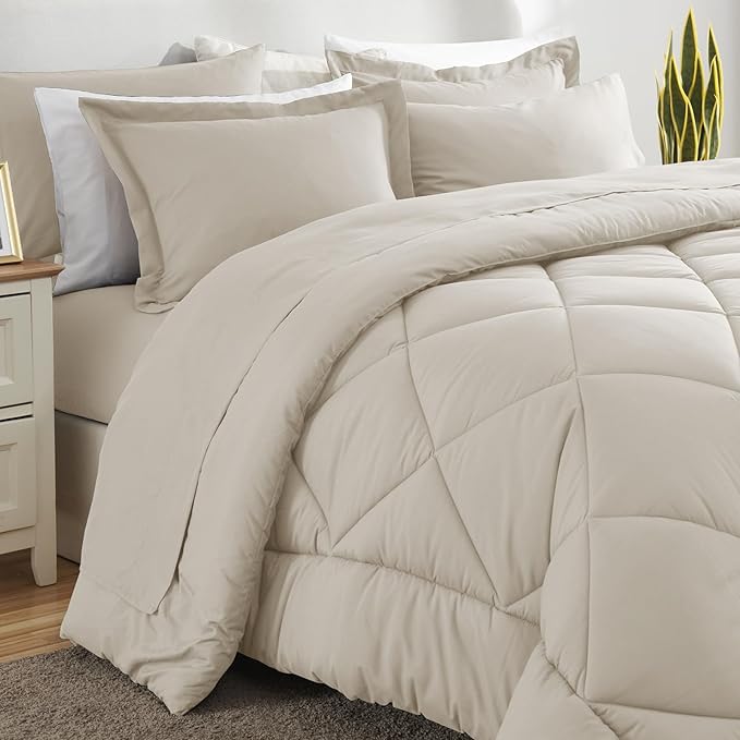 CozyLux Queen Comforter Set Beige - Bed in a Bag Queen Size 7 Pieces, Luxury Soft Bed Set for All Seasons, Bedding Set with Down Alternative Comforter, Sheets, Pillowcases & Shams