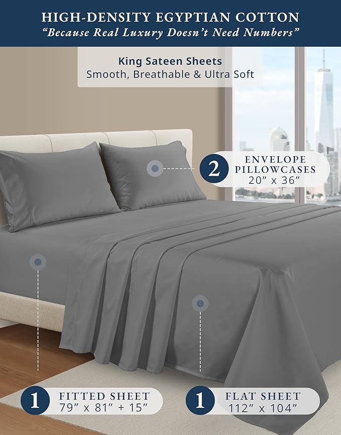LANE LINEN 100% Egyptian Cotton King Sheets Set, Soft & Comfy Sateen Weave No Pill Mercerized Cotton Sheets King, Fully Elasticized Reinforced French Seam Fitted King Bed Sheets – Charcoal Gray