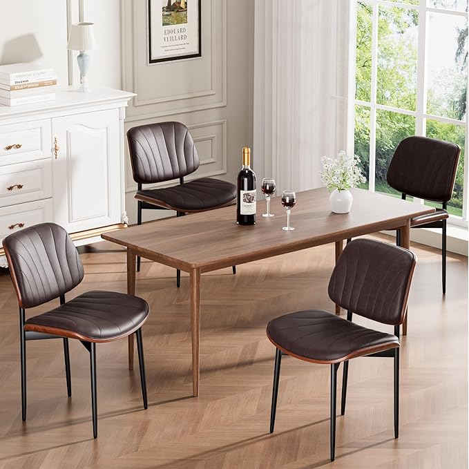 Dining Chairs Set of 2, Mid-Century Modern Upholstered PU Leather Chairs with Walnut Bentwood Back and Metal Legs Adjustable Feet for Kitchen Dining Room, Dark Brown Shell Strips