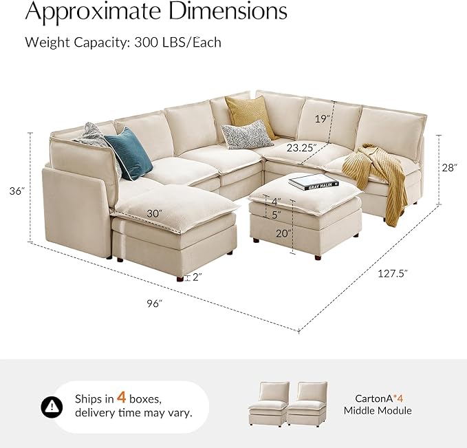 HULALA HOME Oversized Modular Sectional Sofa with Dual-Layered Cushions, 8 Seater Sleeper Sofa with Storage Ottoman and Removable Cover, Modern Deep Seat Cloud Couch for Living Room, Beige