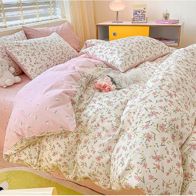 Vintage Style Pink Floral Duvet Cover King Cotton Garden Flower Duvet Cover Boho Cottagecore Bedding Set Chic Botanical Duvet Cover with 2 Pillowcases White Floral Comforter Cover King Bedding Set