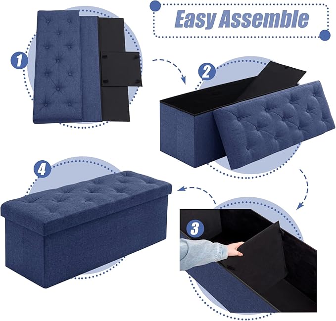 BRIAN & DANY 43 Inches Ottoman with Storage, Linen Storage Ottoman Bench, End of Bed Benches, Folding Ottomans for Bedroom, Living Room and Entryway (Blue)