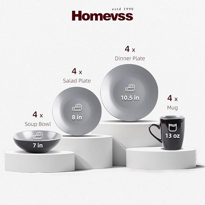Stoneware Two-Tone Colors Life 16pc Dinner Set, Outside Shiny Black + Insdie Matte Glaze Light Grey