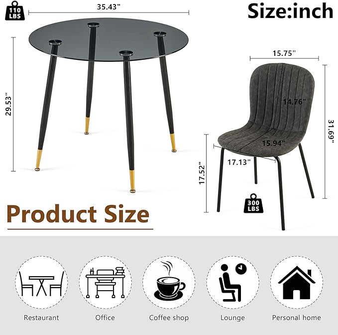 Glass Round Dining Table Set for 4, 35.43" Round Kitchen Table Transparent with 4 Upholstered Accent Chairs Space Saving Dining Chairs for Small Spaces