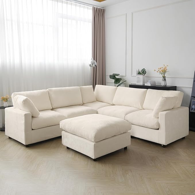 JACH V Shape Sectional Couches with Chaise Ottoman, Convertible Modular Sofa, Cloud Sectional Couch, Sofa Covers Washable, Minimalist Couch for Living Room, Apartment, Beige