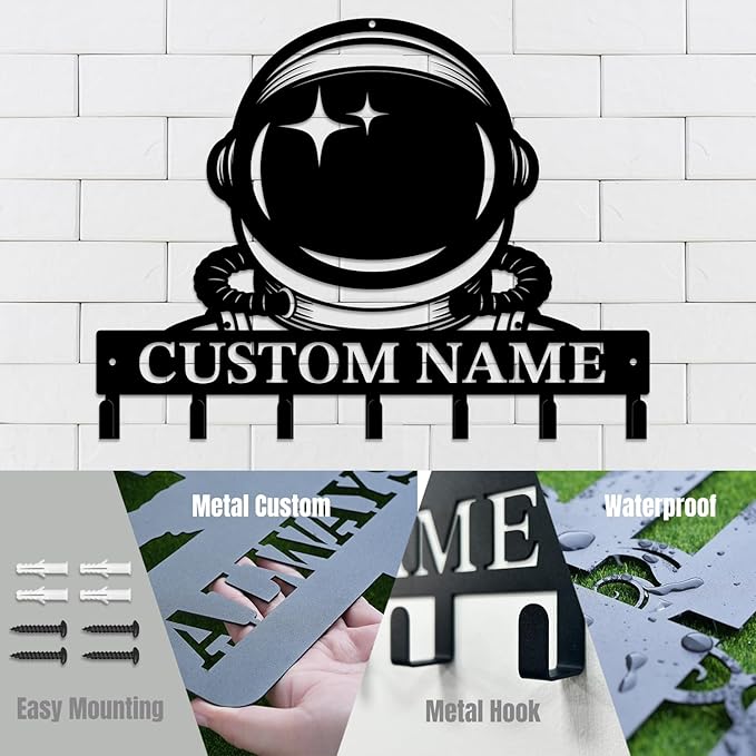 Personalized Custom Astronaut UFO Metal Wall Keys Hooks,Clothes Hooks Astronaut Art coat racks,door holder,Black Astronaut decorations for home,Entrance doors,Hallway, Bedroom,Keys,Hats (Style B)