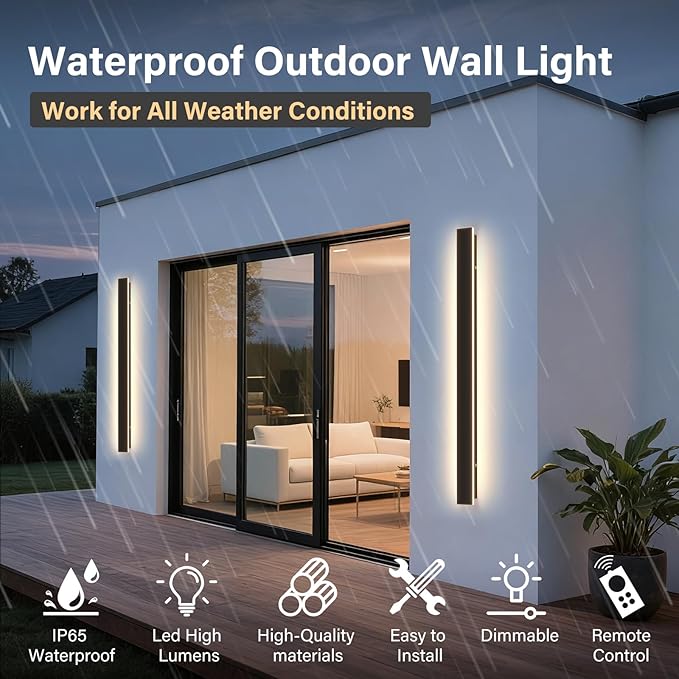 Modern Outdoor Wall Light, 47.3Inch Black LED Dimmable IP65 Waterproof with Remote Outdoor Linear Wall Sconces Exterior Lighting Fixture Porch Wall Light for House, Front Door, Garage