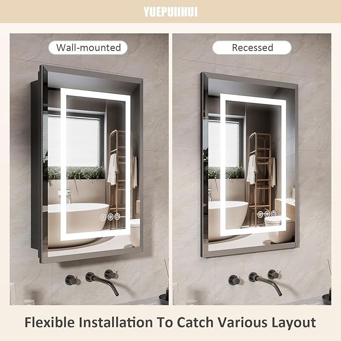 16X24 Inch Bathroom Medicine Cabinet with Mirror, Adjustable 3-Color Brightness Dimming LED Mirror Cabinet Recessed or Wall Mounted, Black Medicine Cabinet with Lights, Defogger