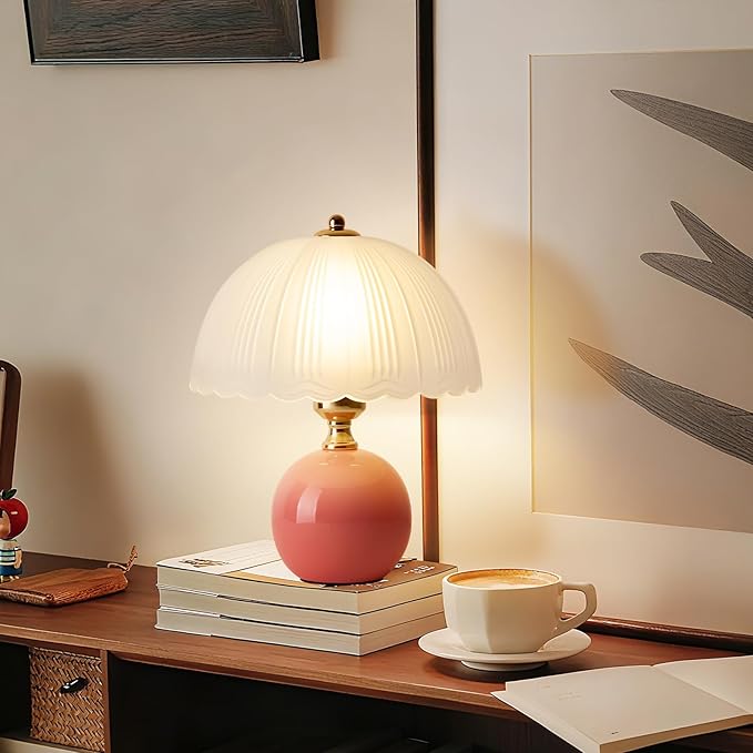 Ceramic Table lamp Set of 2, Modern Bedside Lamps Pink Mid Century Vintage Desk Lamp Retro Glass Mushroom Traditional Lamp for Nightstand Living Room Bedroom Home Decor (S05PK-2PACK)