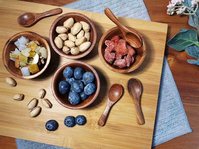 Set of 4 Small Round Acacia Wooden Bowls 2⅞ Inch Diameter With Spoons - Stackable Mixing Bowl for Salad Soup Snack Salsa Dip Sauce Charcuterie Wood Tableware Sets for Decor and Serving