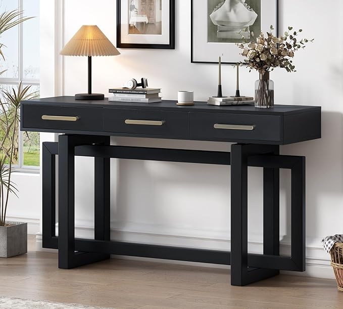 57” Entryway Console Sofa Table with Storage Drawers, Long Narrow Behind Couch Furniture for Living Room, Entrance, Hallway, Front Door, Black
