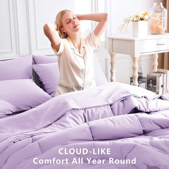 CozyLux Full Size Comforter Sets Lavender, 7 Pieces Bed in a Bag, Light Purple Comforter Full Size, All Season Bedding Sets with Stitch Quilted Comforter, Flat Sheet, Fitted Sheet, Pillowcases