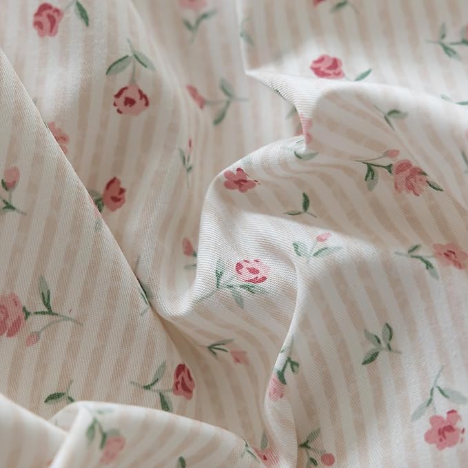Rose Flower Duvet Cover King Garden Style Vintage Floral Bedding Set Chic Botanical Flower Comforter Cover with 2 Bow Ties Pillowcases 100% Cotton Pink Stripes Comforter Cover Cottagecore Bedding Set