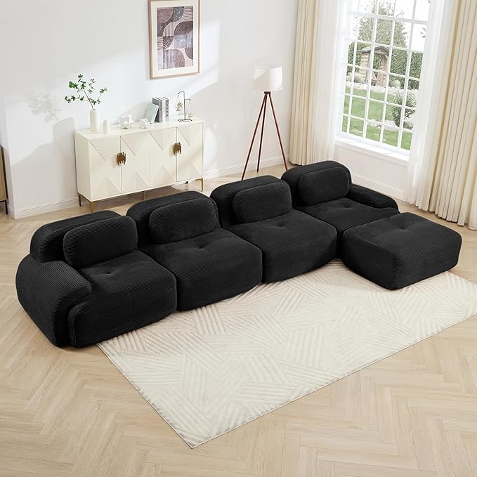 Black Ottoman for Modular Sectional Sofa, Corduroy Deep Seat for Oversized Compressed Boneless Sectional Couches for Living Room Bedroom Apartment, Cloud Sofa Couch, Memory Foam, No Assembly