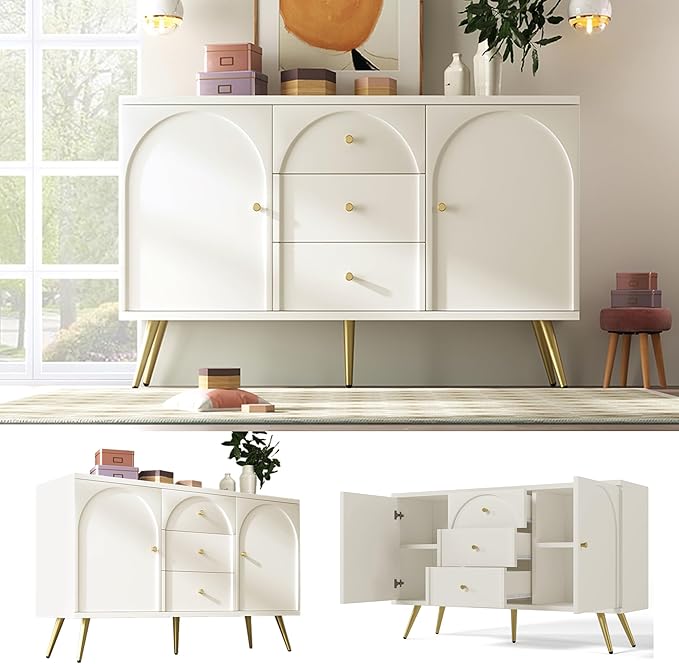KEIKI 55'' Modern 2-Doors Buffet Sideboard Storage Cabinet with 3 Drawers & Metal Legs, Wood Entryway Console Table for Living Room, Hallway, Dining Room, White