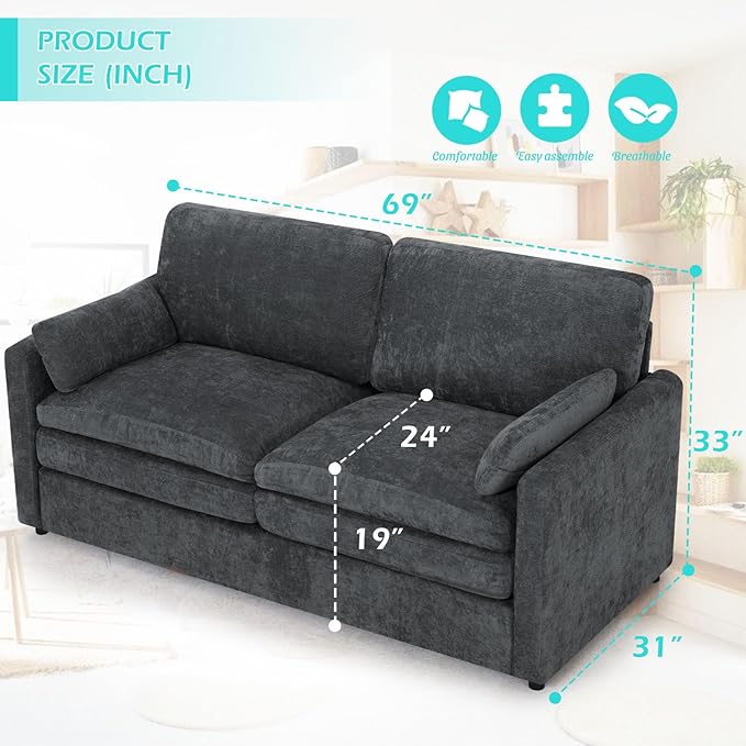 69” Chenille Loveseat Sofa w/Arm Pillows, Upholstered 2-Seater Sofa w/Comfortable Back Cushions, Modern 2 Seats Couch w/High-Density Foam for Living Room, Apartment, Office, Grey