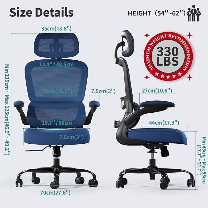 TRALT Office Chair Ergonomic Desk Chair, 330 LBS Home Mesh Office Desk Chairs with Wheels, Comfortable Gaming Chair, High Back Office Chair for Long Hours (Black+Blue)