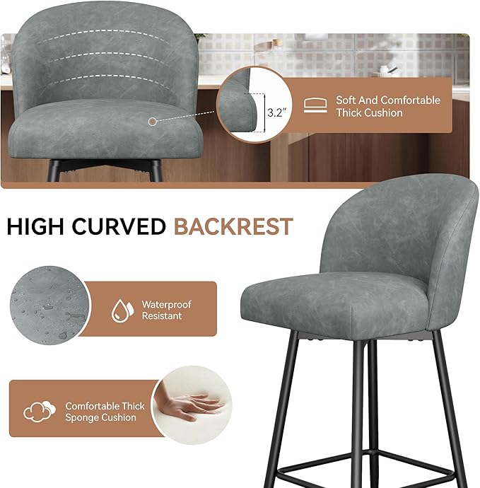 Counter Height Bar Stools Set of 2,360° Swivel Barstools with High Back and Metal Legs,26" Seat Height, Upholstered PU Leather Bar Chairs for Kitchen Island, Dining Room,Cafes,Grey