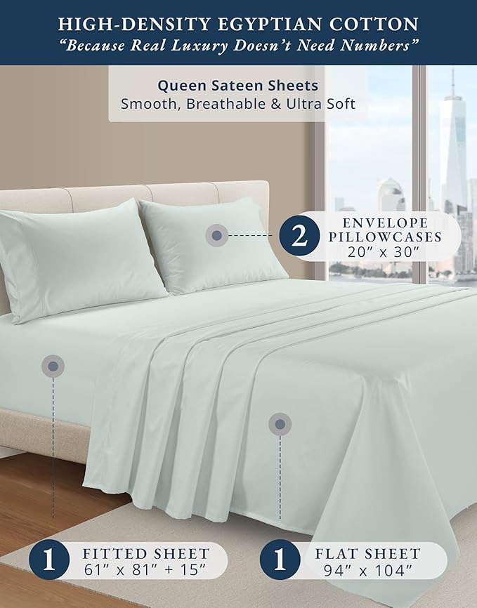 LANE LINEN 100% Egyptian Cotton Ultra Soft Queen Size Sheets Set, Mercerized Silky Sateen Weave, Fully Elasticized Fitted Sheet with French Seam, Hotel Quality Thick Luxury Bed Sheets – Murmur