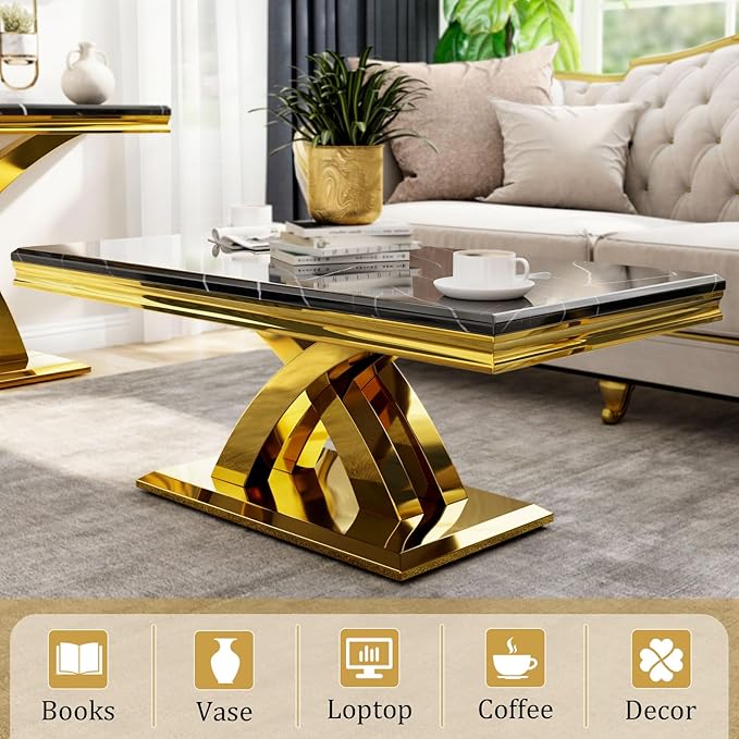 AUZ 2 Pieces Black Gold Living Room Table Set, Coffee Table and Console Table with X-Shape Design Polished Stainless Steel Frame