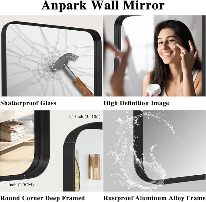 Wall Mirror 30" x 40" for Bathroom Black Metal Deep Frame Mirror for Wall Decorative Rectangular Round Corner Wall Mounted Vanity Mirror for Bedroom Living Room Entryway Wall Decor