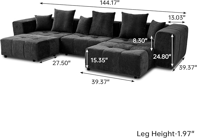JACH 144.1 Inch U-Shaped Modular Sofa, Mid Century Modern Deep Seat Sectional Couch, 3-Seater Sofas with Chaise Ottomans for Living Room, Cozy Sofas for Apartment, Living Room (Linen Fabric, Black)