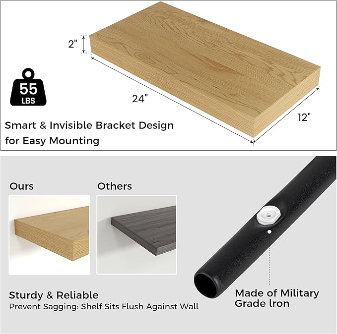 Floating Shelves for Wall, 24 Inch Wide x 12 Inch Deep Floating Shelves, Long Wood Floating Wall Shelf Shelves for Living Room Bathroom Bedroom Kitchen Home - (Oak, 24" W x 12" D x 2" H)