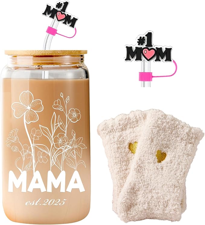Mama Gifts For New Mom, 1st Mothers Day Pregnant Coffee Cup, Mama Est 2025, New Pregnancy Gifts For Expecting Mommy, Boy Girl Mom Gift Basket - Including Straw Cap, Cozy Socks