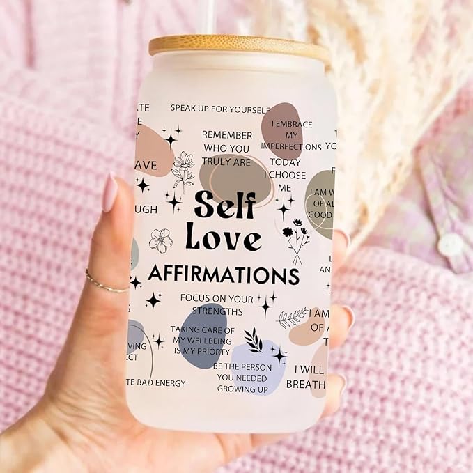 Encouragement Gifts for Women Friends, Inspirational Gifts, Self Love Gift Cup 16 Oz Can Glass Cup With Lid and Straw, Thoughtful Gifts for Women Friends, Positive Little Reminders