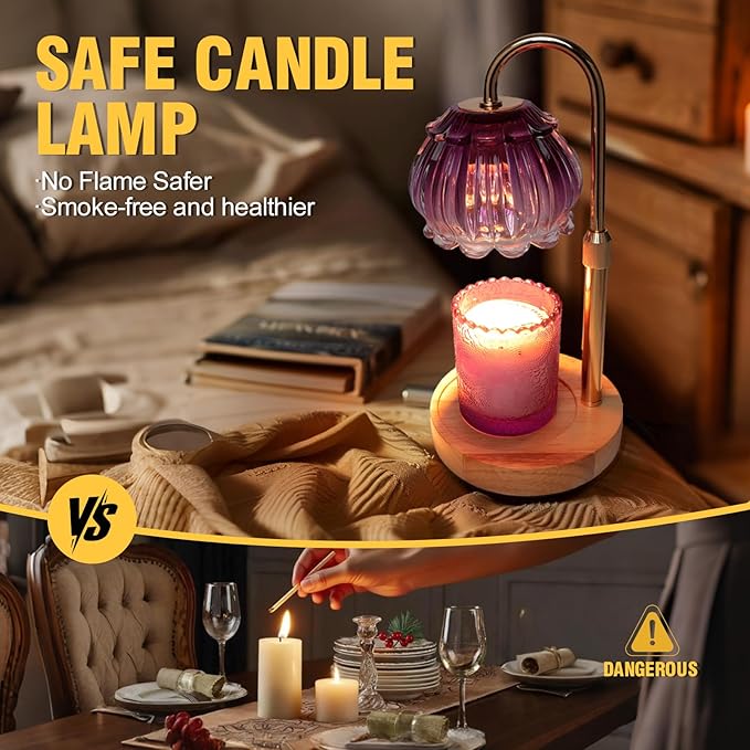 Candle Warmer Lamp with Timer,2 Bulbs, Wood Base and Adjustable Height Flower Candle Warmer Lamp for All Jar Candles, House Warming Decor Gifts, French Gold (Flowers)