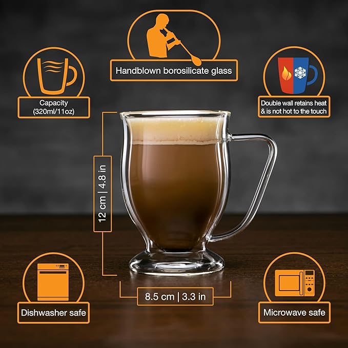Double Wall Glass Coffee Mugs - 11oz Dishwasher & Microwave Safe Clear Mugs Set of 4 - Insulated Design, Ideal as Cups for Tea, Latte, Cappuccino, Nespresso, Hot & Cold Beverages