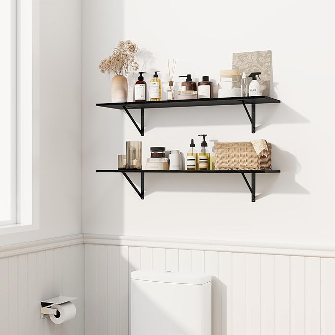 Fun Memories Deep Floating Shelves for Wall, 24W x 8D Wall Mounted Shelves Set of 2, Wide Display Ledge Shelf with Sturdy Metal Brackets for Living Room, Bathroom, Bedroom and Kitchen, Black