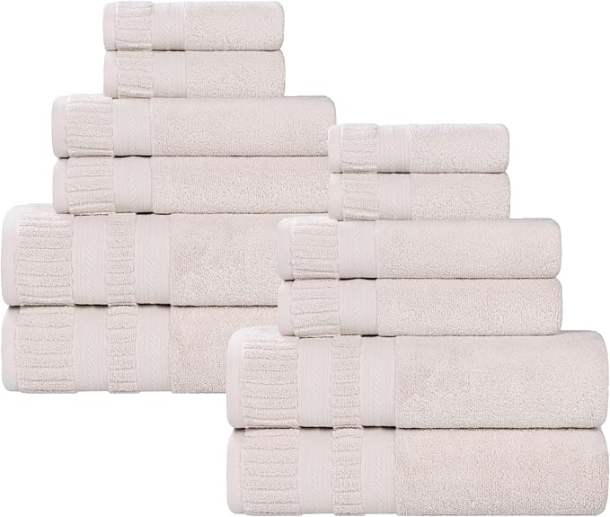 Superior Venice Zero Twist Cotton Medium Weight Towels, for Guest Bath, Bathroom, Shower, Spa, Plush Towels, Bath Essentials, Ribbed Textured Border, 12 Piece Assorted Towel Set, Silver