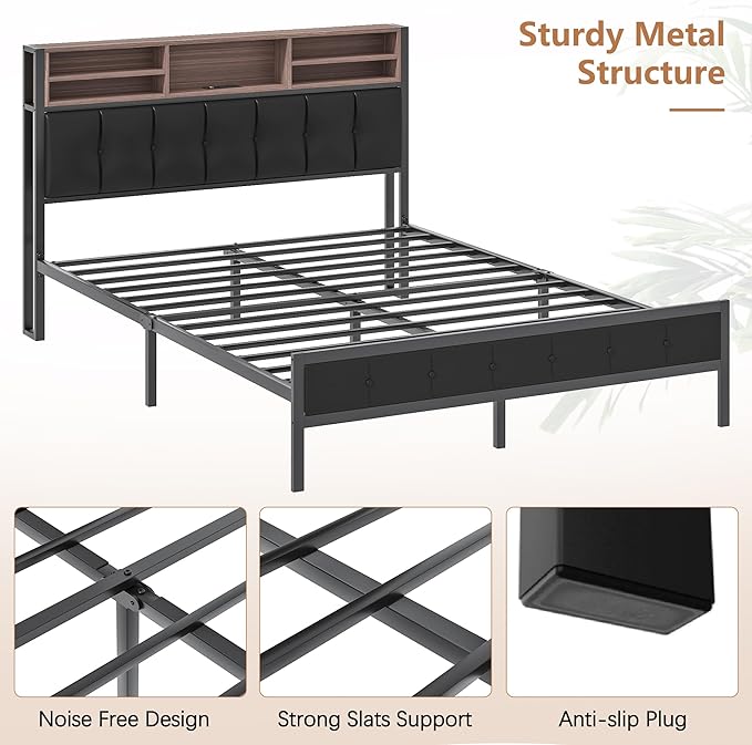 VECELO Farmhouse Metal Bed Frame Queen Size with Wooden Headboard & Footboard, Solid Platform Mattress Foundation with Storage, LED Light, Charging Station, USB Ports, Noise-Free, Easy Assembly, Black
