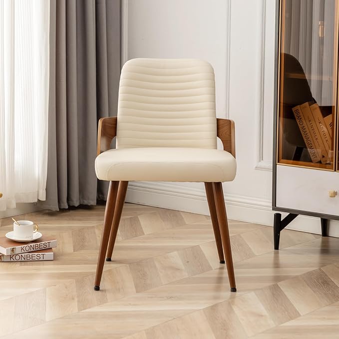Dining Room Chairs Set of 2,Mid Century Modern Kitchen Chair,Upholstered Faux Leather Accent Chairs,Metal Legs Wooden Desk Chair,Armless and No Wheels for Kitchen Dining,Beige PU