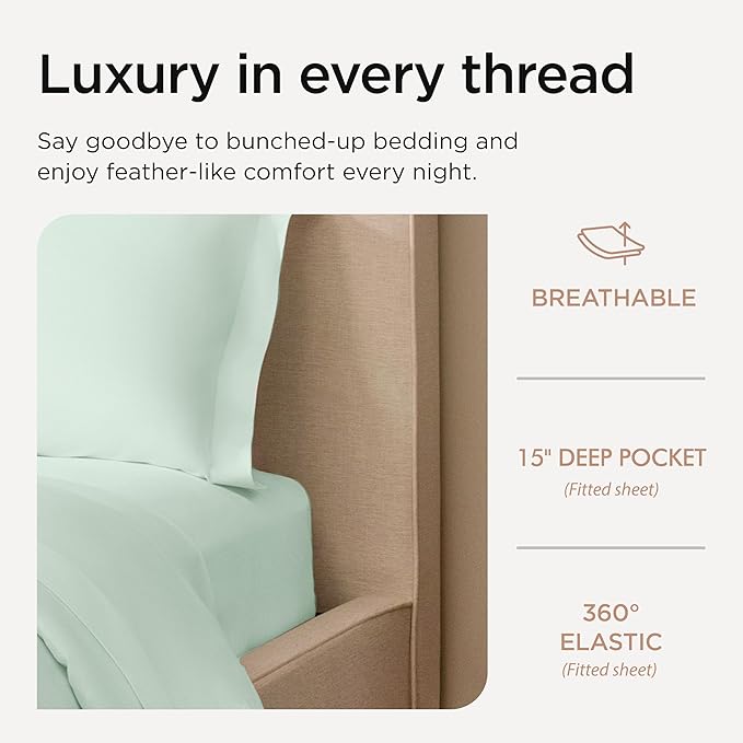 Threadmill Queen Sheet Set | 600 Thread Count Bed Sheets for Queen Mattress with 16” Deep Pocket | Sateen Weave 4-Piece Bedding Set with Cooling Effect | Seaglass