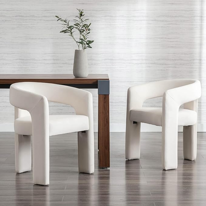 Modern Velvet Fabric Upholstered Dining Chairs with Open-Back, Cute Barrel Side Chairs Kitchen Armchair Accent Chairs for Dining Room Bedroom, Ivory