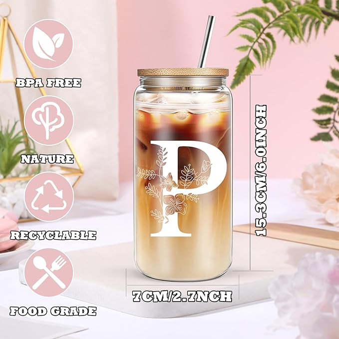 Unique Initial Glass Cup with Lids and Straws, Monogrammed Gifts Box Included Makeup Bag, Christmas Birthday Gifts for Women Mom Sister Grandma, P