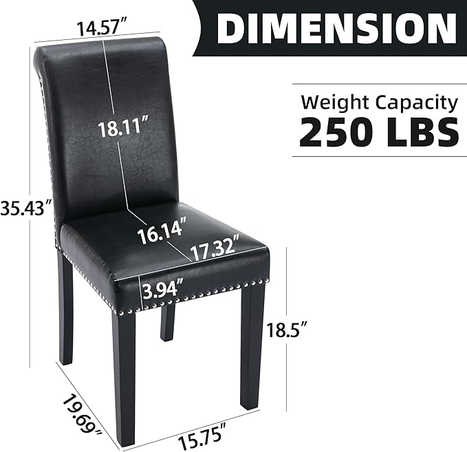 Westice Dining Room Chairs Set of 2 Upholstered PU Leather Kitchen Chairs Dining Room Side Chair with Nailhead Trim and Rubber Wood Legs for Small Space Apartment, Black
