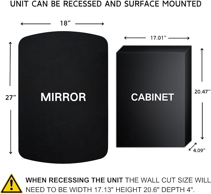 Black Arched Recessed and Surface Mount Bathroom Medicine Cabinet with Mirror Metal Framed Rectangular Bathroom Cabinet with 3 Tempered Glass Adjustable Shelves 18x27''