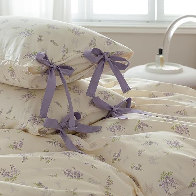 EAVD Garden Lavender Floral Comforter Set Queen White Fluffy Microfiber Chic Shabby Purple Floral Bedding Set 1 Queen Bed Comforter and 2 Pillowcases Fresh Botanical Comforter Set for All-Season