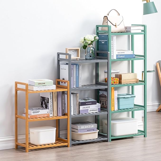 Bamboo Shelf, 4-Tier Bookcase Storage Shelves, Small Book Rack Shelving Unit, Multipurpose Storage Display Shelf for Bathroom Kitchen Living Room Office, 25W x 35D x 100H (4-Tier Grey)