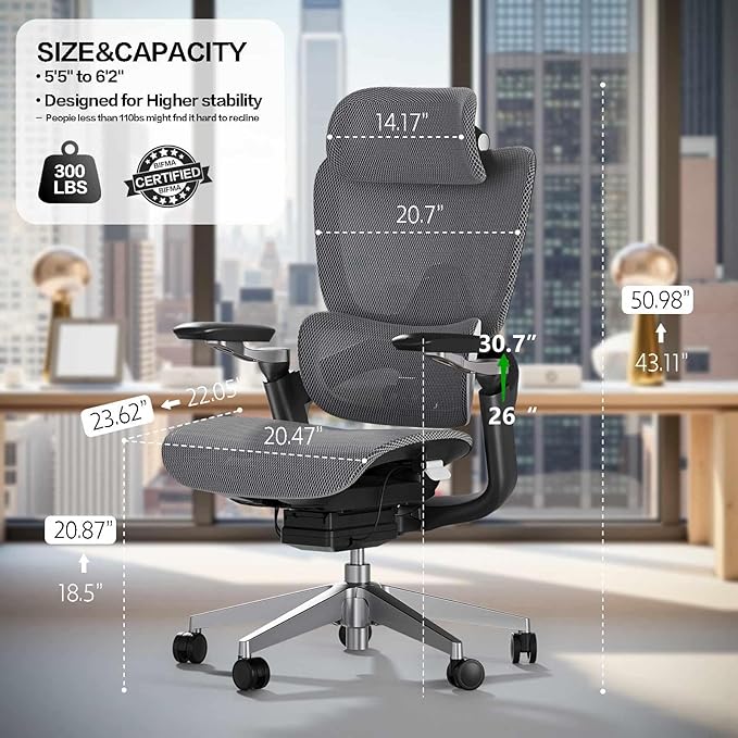 Ergonomic Office Chair, Mesh Home Desk Chair with Adaptive Lumbar Support, Gaming Chair with Headrest, 5D Armrest,90-130°Tilt, BIFMA Certified, Model Zen (Grey)